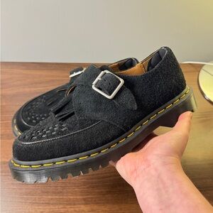 Dr. Martens Black Suede Loafers with Fringe and Buckle